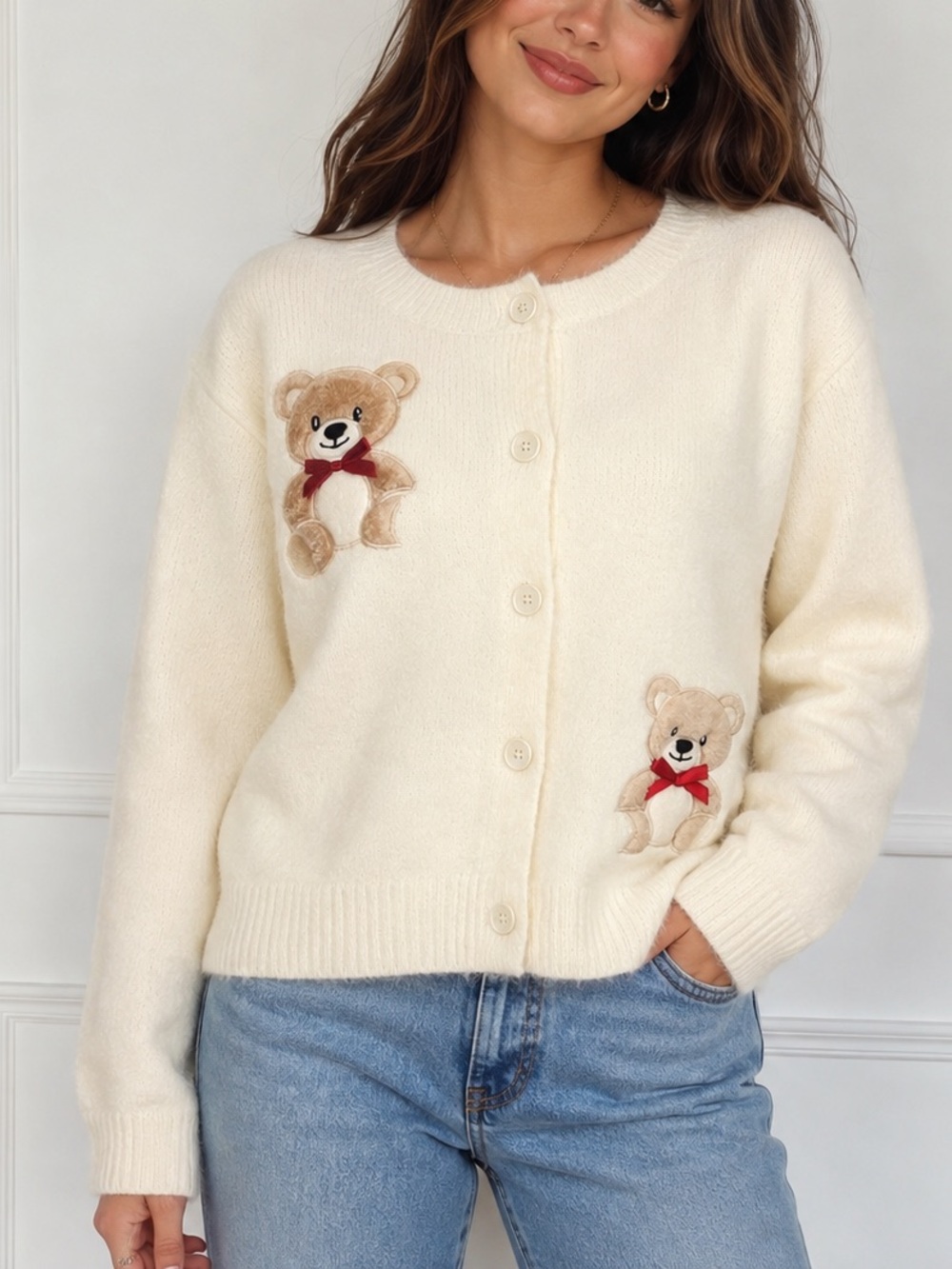 Threaded Leaf Teddy Bear Cardigan Ivory Button Front Soft Knit Sweater Size XL